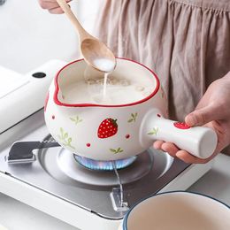 800/1000ml Strawberry Cherry Ceramic Milk Pan Kitchen Soup Pot Cookware For Oatmeal Butter Cooking Pan With Wooden Gas Open Fire 240521