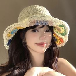 Korean Version French Flower Hollow Woven Straw Hat Womens Summer Sunshade Bucket Hats Seaside Beach Vacation Foldable Sun Cap 240521