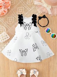 Girl Dresses 2pcs Summer Baby Bow Lace Hanging Dress Black And White Headband Child Accessories