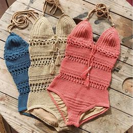 Women's Swimwear Sexy Women V Neck Halter One Piece Swimsuit Crochet Knitted Hollow Out Biquini Female Bandage Bathing Suit Beachwear