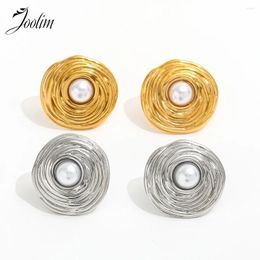 Hoop Earrings Joolim Jewelry High Quality PVD Wholesale Retro Geometric Texture Designer Round Brand Stainless Steel Earring For Women
