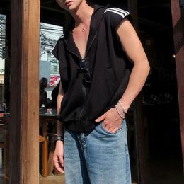 Men Y2k Street Zipper Cardigan Hooded Vest Fashion Design Sleeveless Sweater Top Summer Plus Size Sports Casual Trend Streetwear 240516