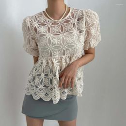 Women's Blouses Embroidered Lace Top Short Sleeve Crochet Hollow Out Blouse Summer Shirt