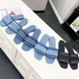 Women Slippers Designer Sandal Blue Denim Slide Canvas Flat Slipper Summer House Pool Comfort Slides Flip Flops Beach Shoes 35-43 With Box 571