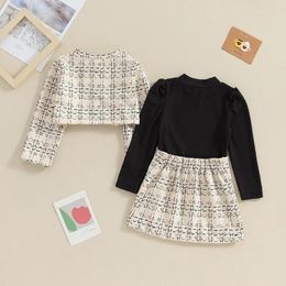 Clothing Sets Children 3Pcs Skirts Clothes Suit For Baby Girls Long Sleeve Tops Plaid Button Down Jacket A-Line Skirt Set