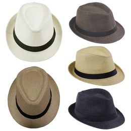 Men Kids Jazz Hat Old Man Cap Short Brim Solid Color Cuban Panama Sun Breathable Fedora Summer Casual Straw 240515