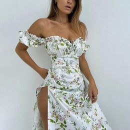Casual Dresses Summer Floral Off Shoulder Puff Sleeve Maxi Dress For Woman Robe Sexy Lace Up Side Split Chic Mid-Calf Aesthetic QY21251KJ