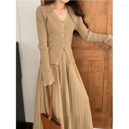 Work Dresses V Neck Knitted Full Flared Sleeve Women Tops Korean Two Piece Sets Slim Fit Pleated Elastic Waist Long Skirt Set Solid Autumn