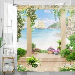 Shower Curtains Waterproof Beach Scene Bathroom Curtain 3D Heavy Duty Mould Proof Fabric Polyester Extra Large Set With 12 Hook