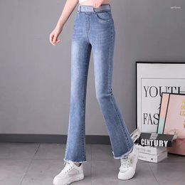 Women's Jeans Korean Fashion Woman High Waist Spring Summer Clothing Elastic Band Pockets Slim Denim Solid Casual Flare Pants 2024