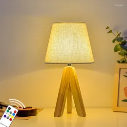 Table Lamps USB Wood Lamp Bedroom Bedside Remote Control LED Nordic Retro Pleats Decorated Living Room Lights