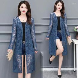 Women's Knits 2024 Spring Autumn Elegant Knitted Lace Cardigan Women Long Sweater Solid Crochet Loose Office Lady Coat