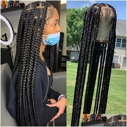 Synthetic Wigs Large Box Braided Jumbo Knotless Fl Lace Front For Black Women Tribal Braids Faux Locs Cornrows Wig Drop Delivery Hai Dh7Ek