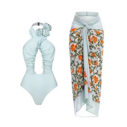 Women's new solid Colour Off-white halter neck deep V-neck hoop bikini two-piece swimsuitCamisole swimsuit Two-piece swimsuit and skirt
