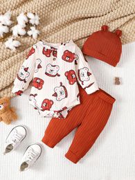 Clothing Sets Boys And Babies Fashion Three-Piece Set Cute Bear Print Long Sleeve Triangle Dress Solid Color Elastic Waist Belt Ear Hat