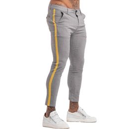 Men's Pants GINGTTO Mens Jeans Brand Chinos Trousers Grey Plaid Skinny Pants for Men Side Stripe Stretchy Best FittAthletic Body zm386 J240510