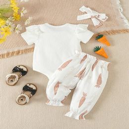 Clothing Sets Baby Girls Easter Outfit Short Sleeve Embroidery Romper Pants Hairband Set 3Pcs Born Clothes