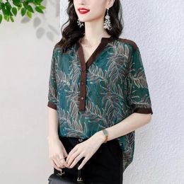 Women's Blouses Korean Commute Summer V-neck Printing Diamonds Single Breasted Fashion Sweet Short Sleeve Loose Mid Length Shirt Tops