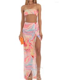 Work Dresses Women 2 Piece Skirt Sets Summer Outfits Print Strapless Tube Tops High Split Bodycon Pencil Long Clothes Set Boho Beach