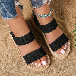 Casual Shoes Thick-soled Beach Fashion Imitation Straw Wedge-heeled Roman Elastic Fabric Sandals 2024 Versatile High-heeled
