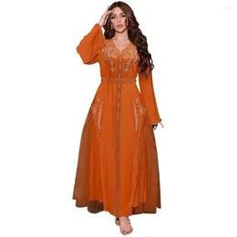 Casual Dresses Middle Eastern Arab Robe Woman Mesh Beading Dress Party Vestido Bling Chiffon V-neck Maxi For