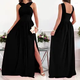 Casual Dresses Summer Women Elegant Sleeveless Halter Backless Split Dress Sexy Ladies Evening Solid Colour A-Line Skirts Beach Wear