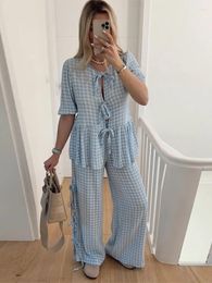Women's Two Piece Pants Women V-neck Lace Up Short Sleeve Plaid Shirt Set Casual High Waist Side Hollow Out Straight Leg Suit Lady Outfits