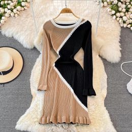 Casual Dresses Round Neck Knitted Dress Autumn And Winter Long-sleeved Women's French Contrast Colour Retro Waist Slimming Bottoming