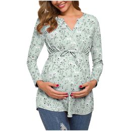 Women's Spring Autumn Long-sleeved V-neck cotton Maternity Comfortable Breathable Printed Nursing Top lactation Dress L2405