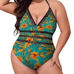 Women's Swimwear Tropical Print Swimsuit Orange Flowers Push Up One Piece Halter Monokini Sexy Novelty Design Swimsuits Plus Size 4XL