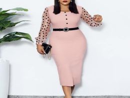 Pink Dress O Neck Transparent Mesh Long Sleeves Polka Dot Classy Women Elastic Elegant Office Lady Modest Female African Fashion 27637001