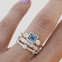 Cluster Rings Exquisite Gold Colour Trendy Ring For Women Luxury Inlaid Sea Blue Zircon Stones Wedding Set Bridal Engagement Jewellery