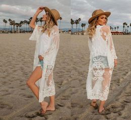 Beach Dress Women Lace Hollow Crochet Swimwear Bikini Long Sleeve Cover Up Beach Dress Sarongs Kaftan3882744