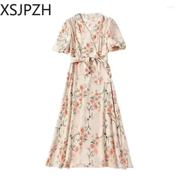 Casual Dresses 2024 Elegant Priont V Neck Natural Silk Midifloral Female Luxury Dress Ladies Medium Long