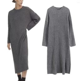 Casual Dresses Elmsk French Lazy Ribbed Knitted Dress Ladies Autumn/Winter Fashion Simple Grey Midi Women