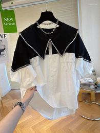 Women's Blouses Design Niche Contrast Color Blouse Stitching Doll Collar Shirt Short Sleeve Women Tops 2024 Summer All-match Loose Blusas