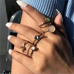 Cluster Rings Korea Vintage Colourful Stone Metallic Chain Trendy Geometry Hit Set For Women Girls Opal Crystal Bohemian Jewellery