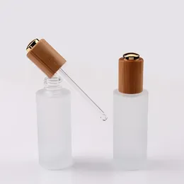 Storage Bottles Wooden Cap Flat Shoulder 30ml Essential Oil Clear Frosted Glass Dropper Bottle With Bamboo Wood Pipette Gold/silver Pump Lid