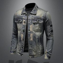 Spring and Autumn Fashion Trend Ripped Vintage Jeans Jacket Mens Casual Loose Comfortable High Quality Plus-Size Coat 240520