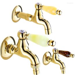 Bathroom Sink Faucets Golden Brass Jade Handle Extended Mop Pool Taps Wall Mount Single Lever Cold Water Faucet