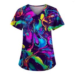 Women's T Shirts Top Summer Cute Printed Scrub Working Uniform Tops For Women V-Neck Short Sleeve Fun T-Shirts Workwear Tee With Pockets