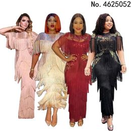 Ethnic Clothing 2024 Women Short Sleeve Round Neck Fashion Sexy Celebrity Banquet Tassel Diamond Large Dress