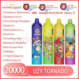 Original UZY BANG TORNADO 20000 Puff Disposable E-Cigarette Mesh Coil 28ml Rechargeable 850mAh Battery 0% 2% 3% 5% Bang 20K Puffs VS Tornado