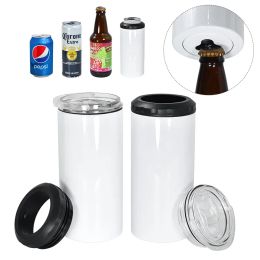 4 in 1 16oz Sublimation Can Cooler with Opener Straight Tumbler Stainless Steel Can Insulator Vacuum Insulated Bottle Cold Insulation Can with 2 lids