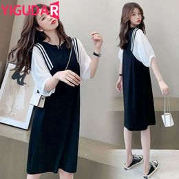 New Pregnant Women Clothes Set for Summer Short Sleeve Cotto Top Strap Chiffon Twinset Loose Maternity Dress Suits L2405