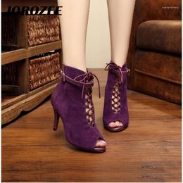 Dance Shoes JOROZEE Latin Boots Purple Velvet Women Ballroom Dancing Salsa Party Wedding High Heel Soft Outsole