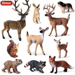 Novelty Games Oenux 10PCS Forest Wild Animals Model Set Deer Fox Squirrel Rabbit Action Figures Miniature Cute Cake Toppers Xmas Gift Kids Toy Y240521