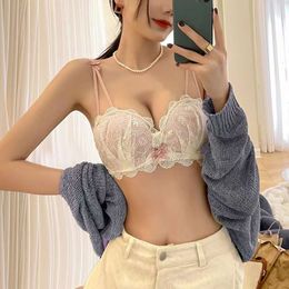 Small Gathered Top Red Underwear Women No Steel Ring Anti-sagging Flat Chest Shows Big Sexy Lace Black Bra Set