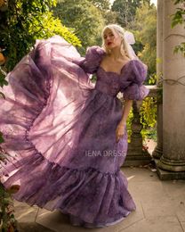 Party Dresses Purple Printed Organza Fairy Wedding Dress Prom Gown Fashion Women's Outfit With Short Puff Sleeves Ruffled Train#18514