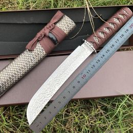 1Pcs New High Quality Survival Straight Knife Damascus Steel Straight Point Blade Wood with Rope Handle Fixed Blade Knives with Wood Sheath